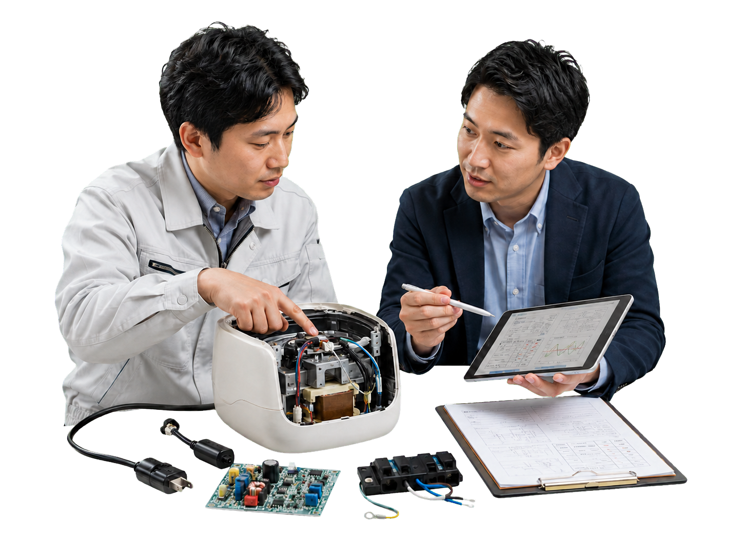 Engineer and consultant reviewing a product